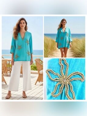 BARBARA GERWIT Blue Linen Starfish Beaded Tunic 3/4 Sleeve Beach Swim Cover Up